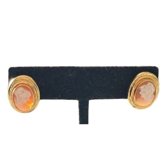 14k Yellow Gold Oval Carved Shell Italian Lady Head Cameo Earrings 4.0 Gram Vtg - Picture 2 of 12